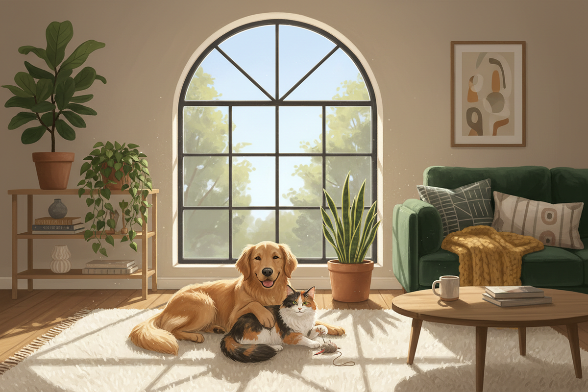A cozy home interior with a friendly dog and a playful cat, sitting together on a soft rug near a sunny window. Warm lighting, modern home decor, plants in the background, and a peaceful, welcoming atmosphere. Realistic, detailed, high-quality illustration.